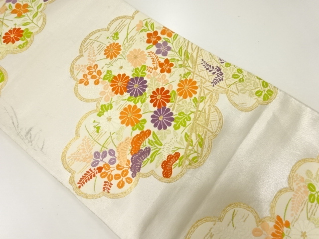 アンティーク　雲取りに草花模様織出し袋帯（材料）